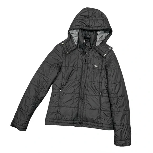 LaCoste Quilted Detachable Hood Rain Jacket Black Women - Picture 2 of 9